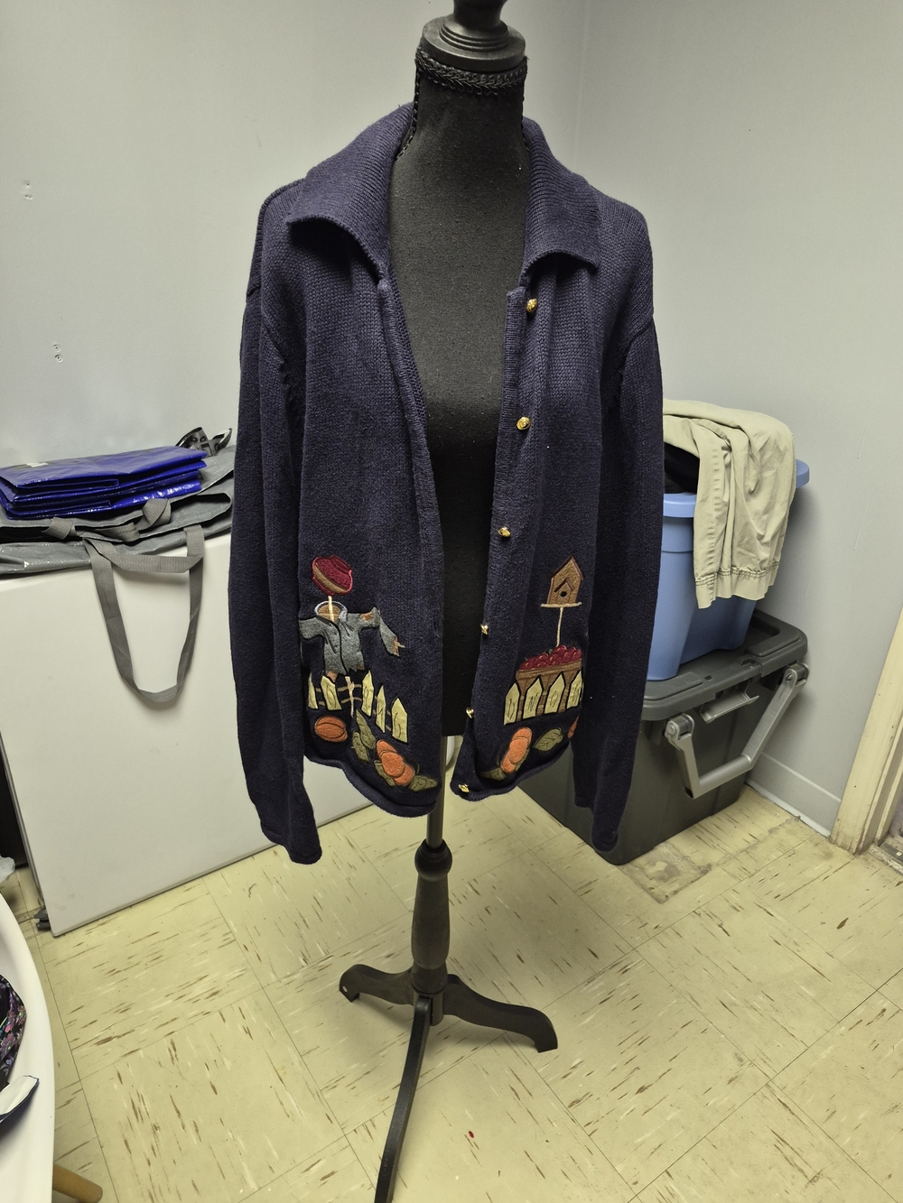 Navy Embroidered Button-Front Knit Blazer